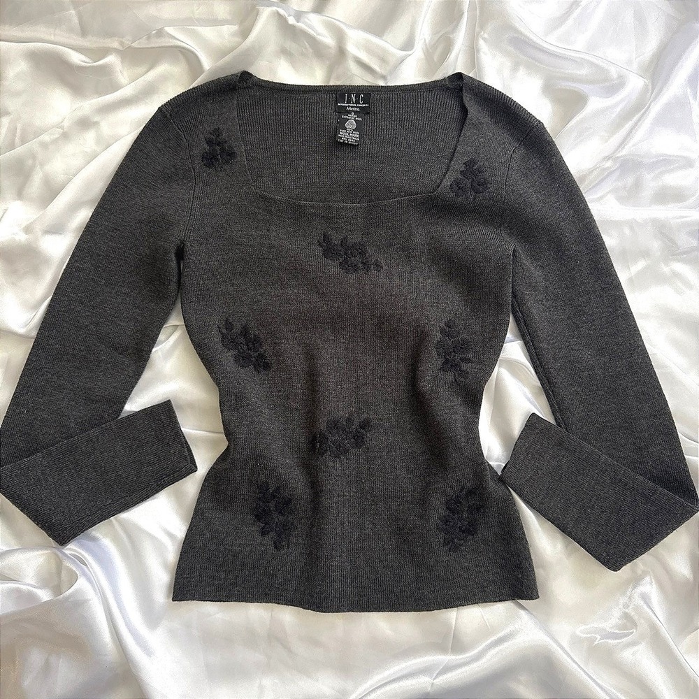 INC International Concepts Charcoal Gray 100% Merino Wool Square Neck Sweater S